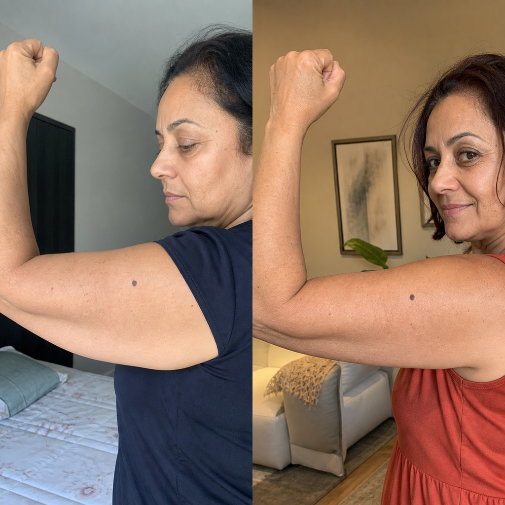 Mulher madura exibindo firmeza no braço