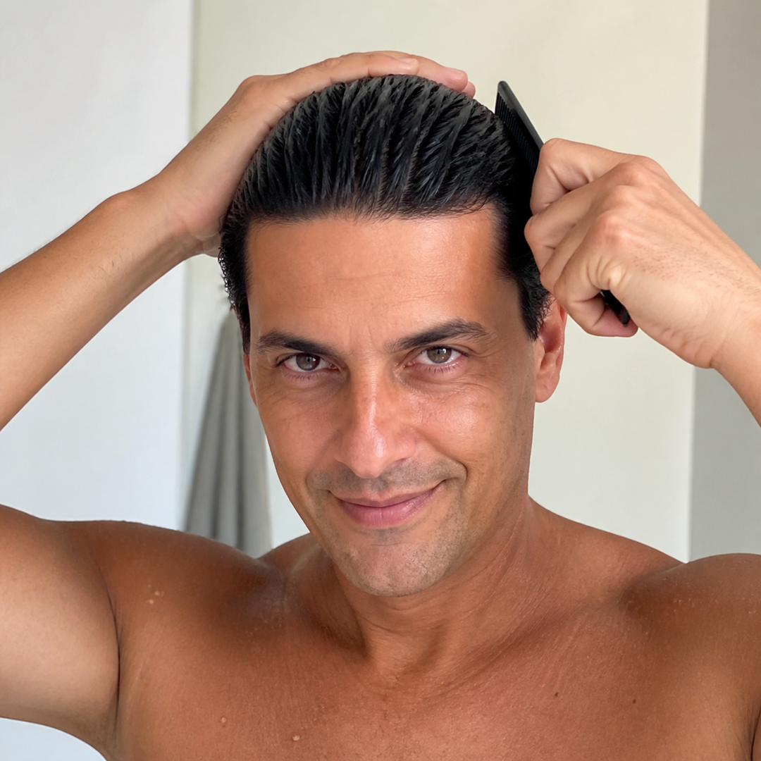 Homem penteando o cabelo cheio para trás