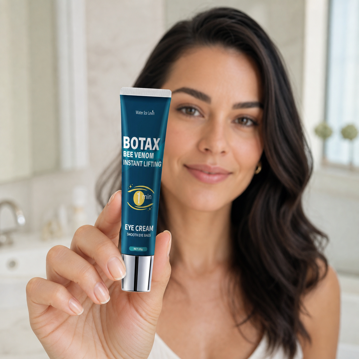 Mulher segurando o gel para olhos