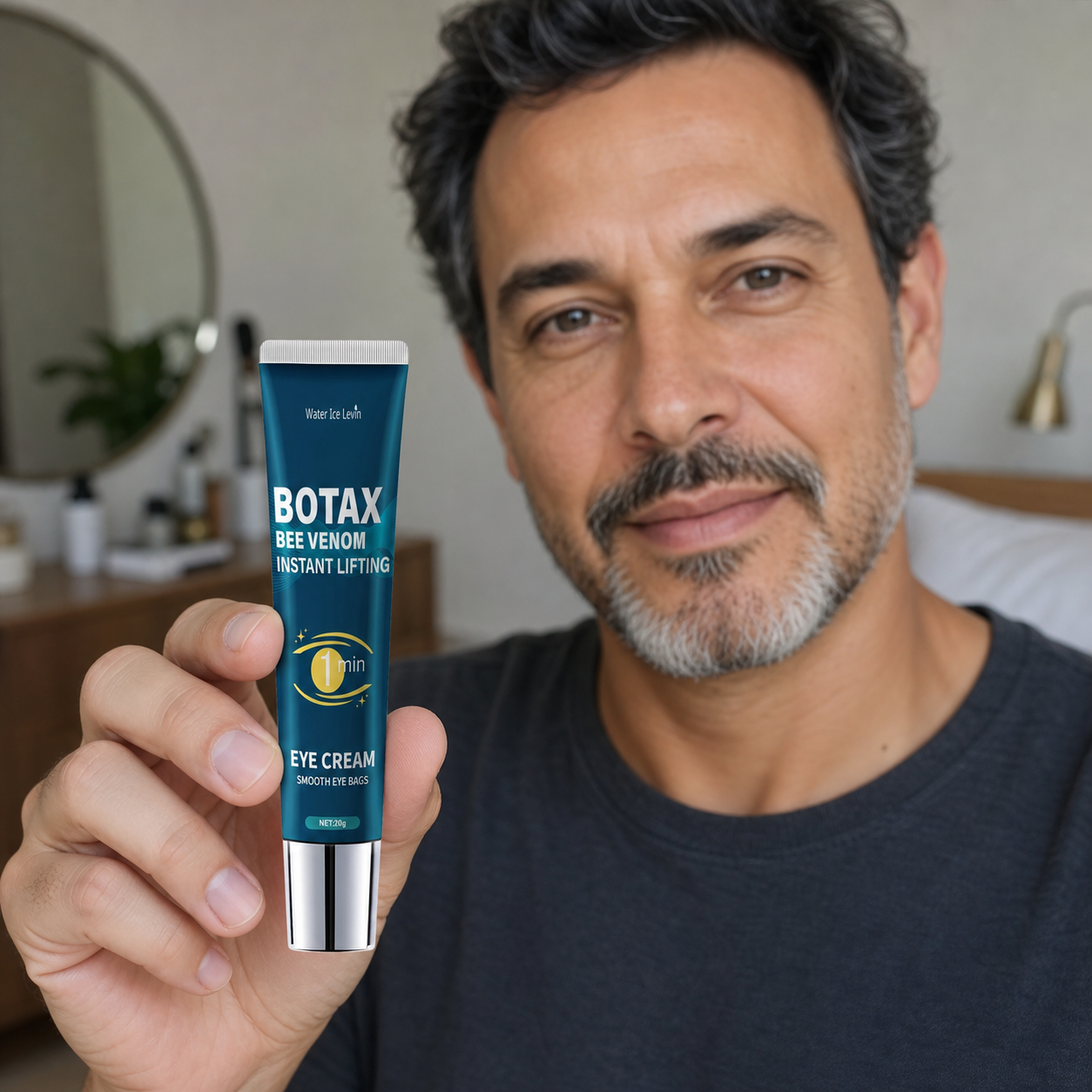 Homem segurando o gel para olhos