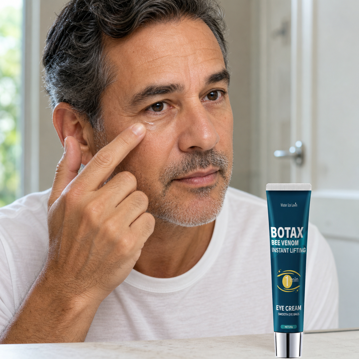 Homem aplicando gel abaixo dos olhos
