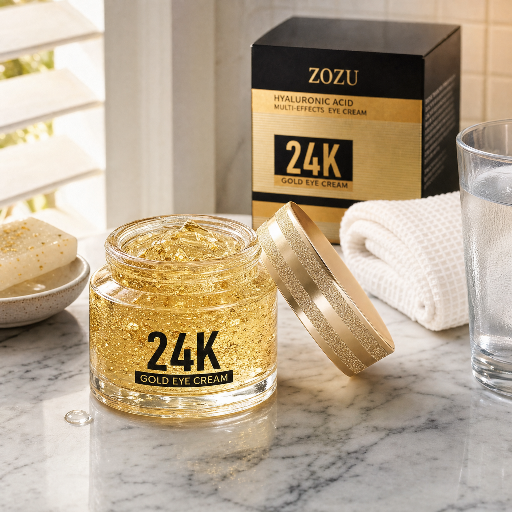 Pote do Aurum 24K na bancada do banheiro