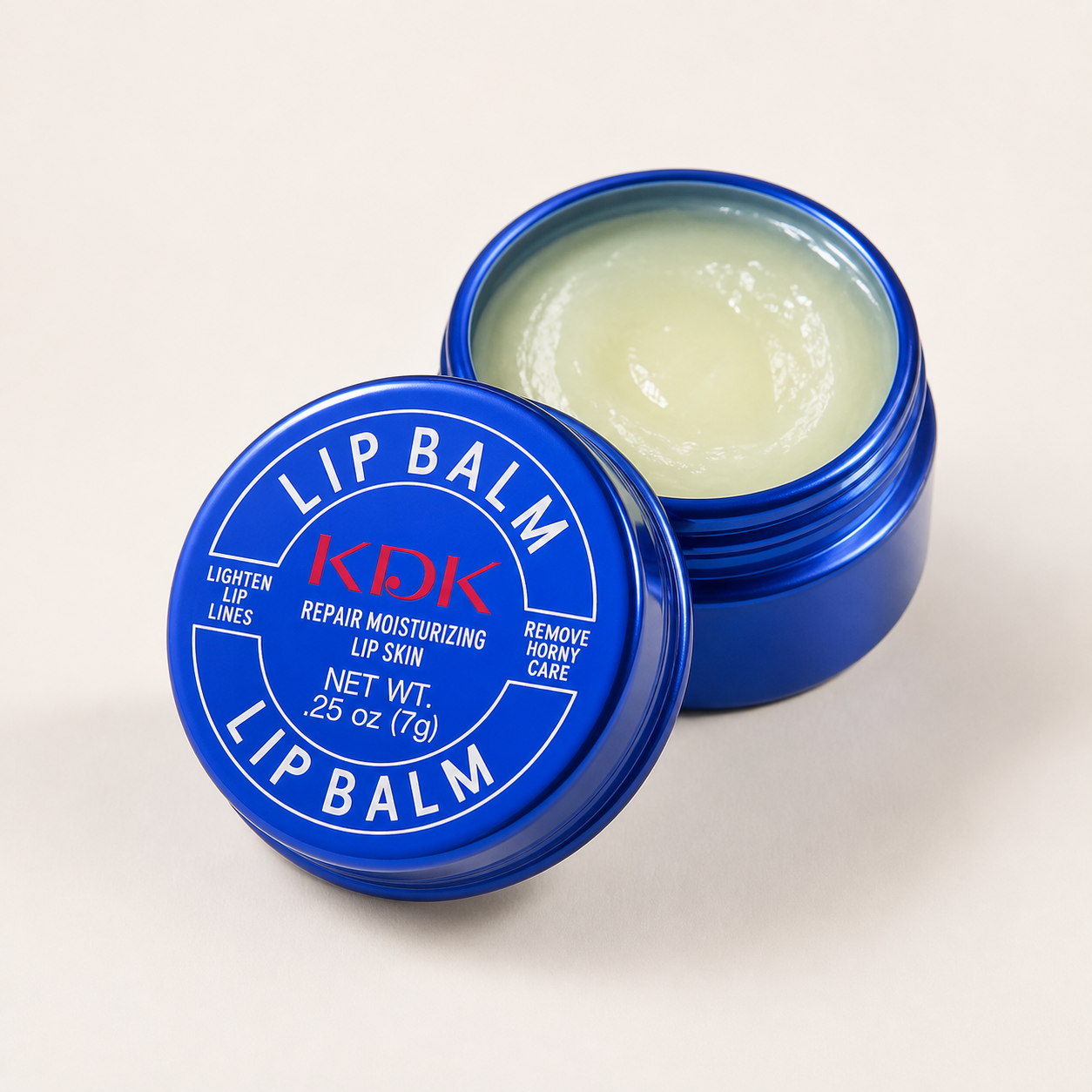 Pote KDK Lip Balm de 7 g aberto e fechado
