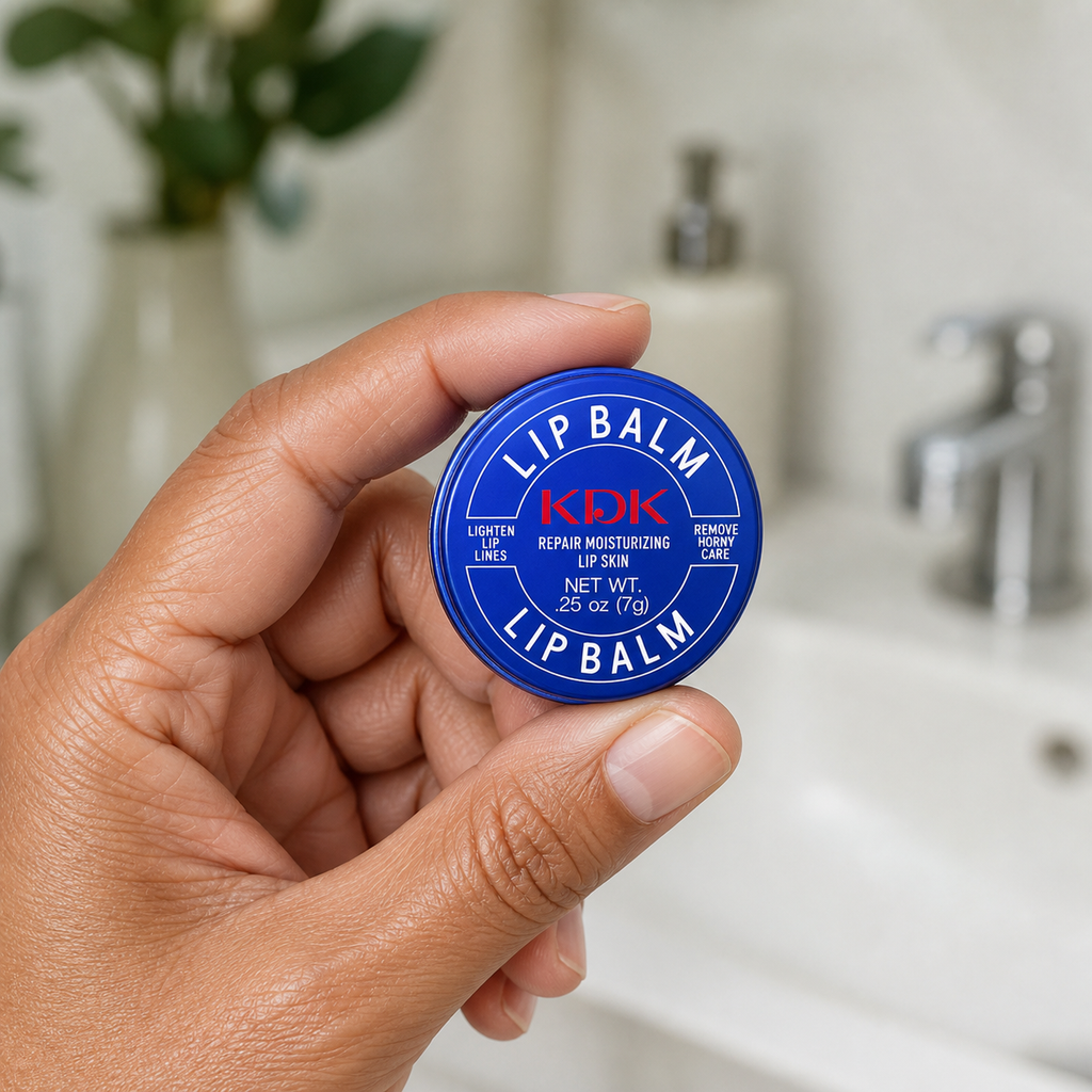 Pote KDK Lip Balm de 7 g segurado na mão