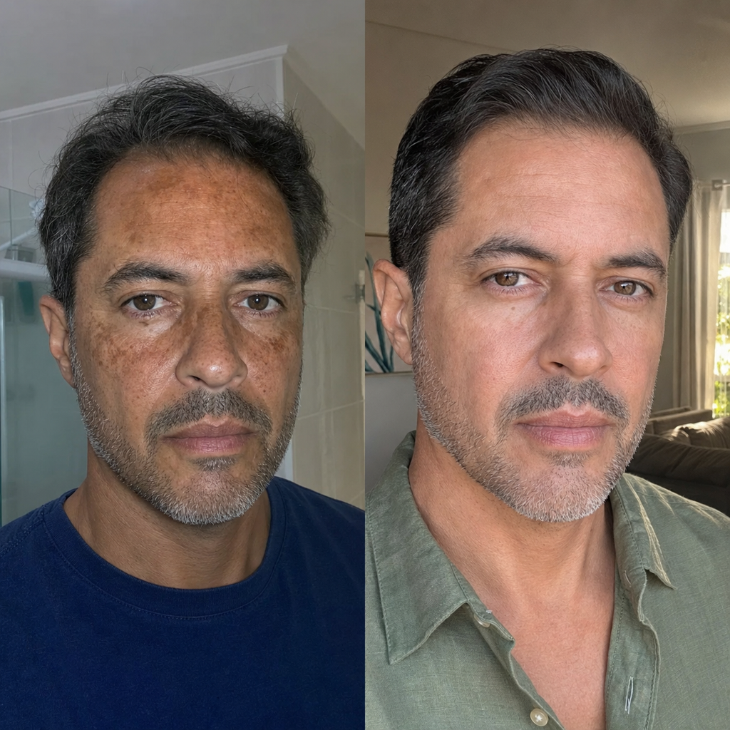 Homem de 50 anos com a pele do rosto após o uso do Lumina