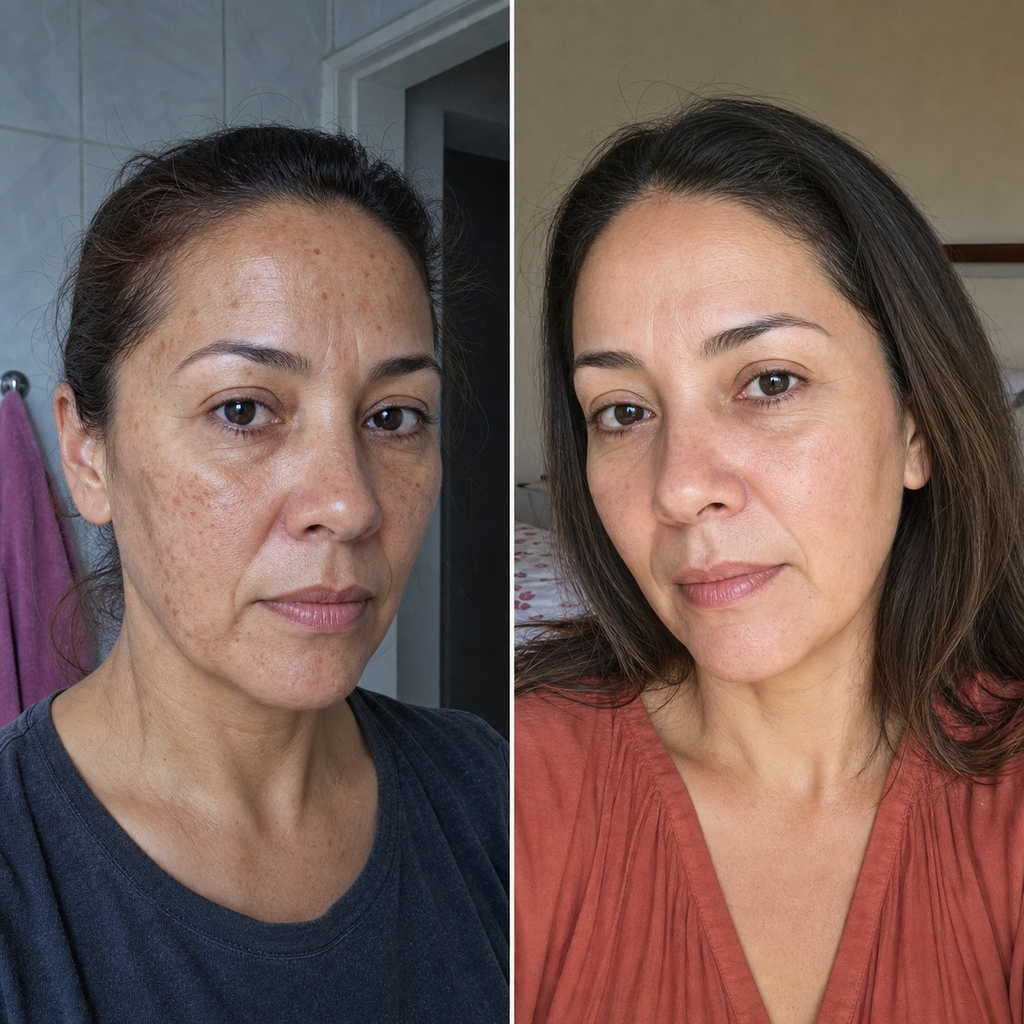 Mulher de 45 anos com a pele do rosto após o uso do Lumina