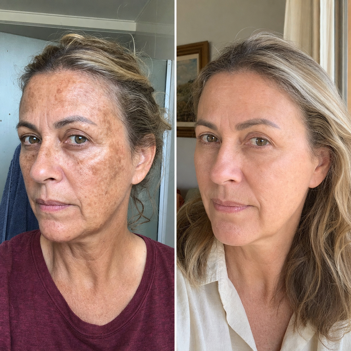 Mulher loira de 56 anos com a pele do rosto após o uso do Lumina