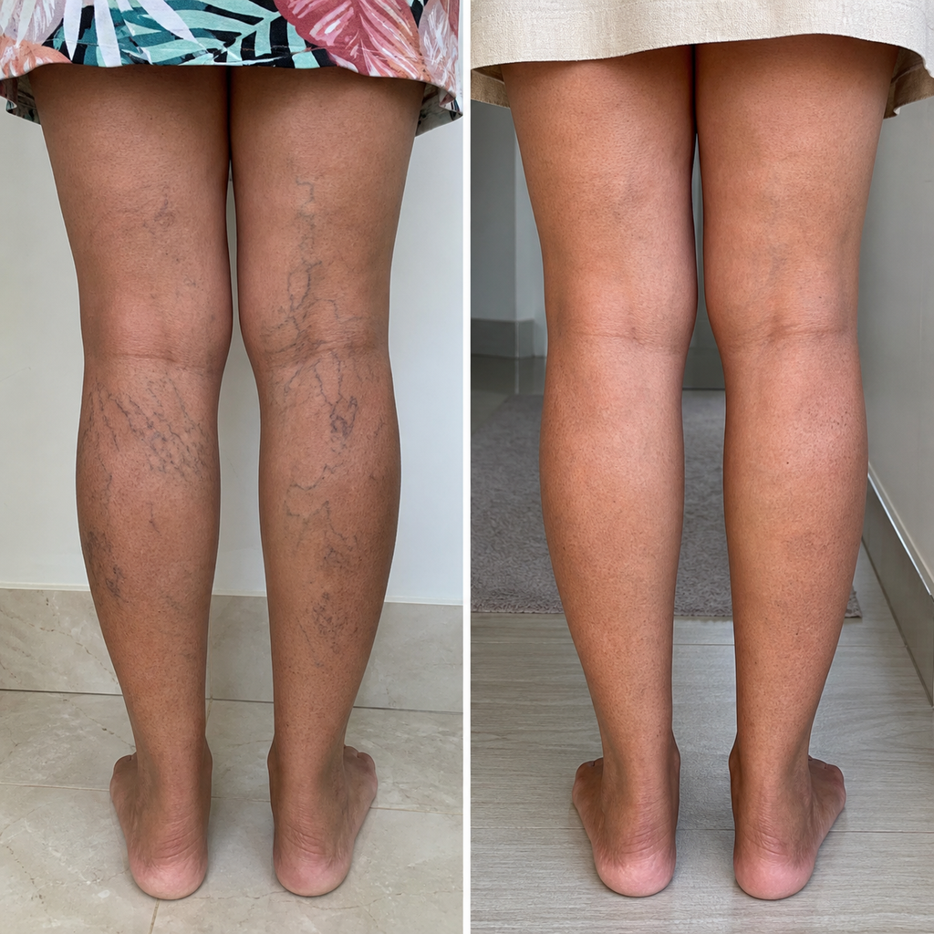 Pernas femininas com veias aparentes acompanhadas durante o tratamento