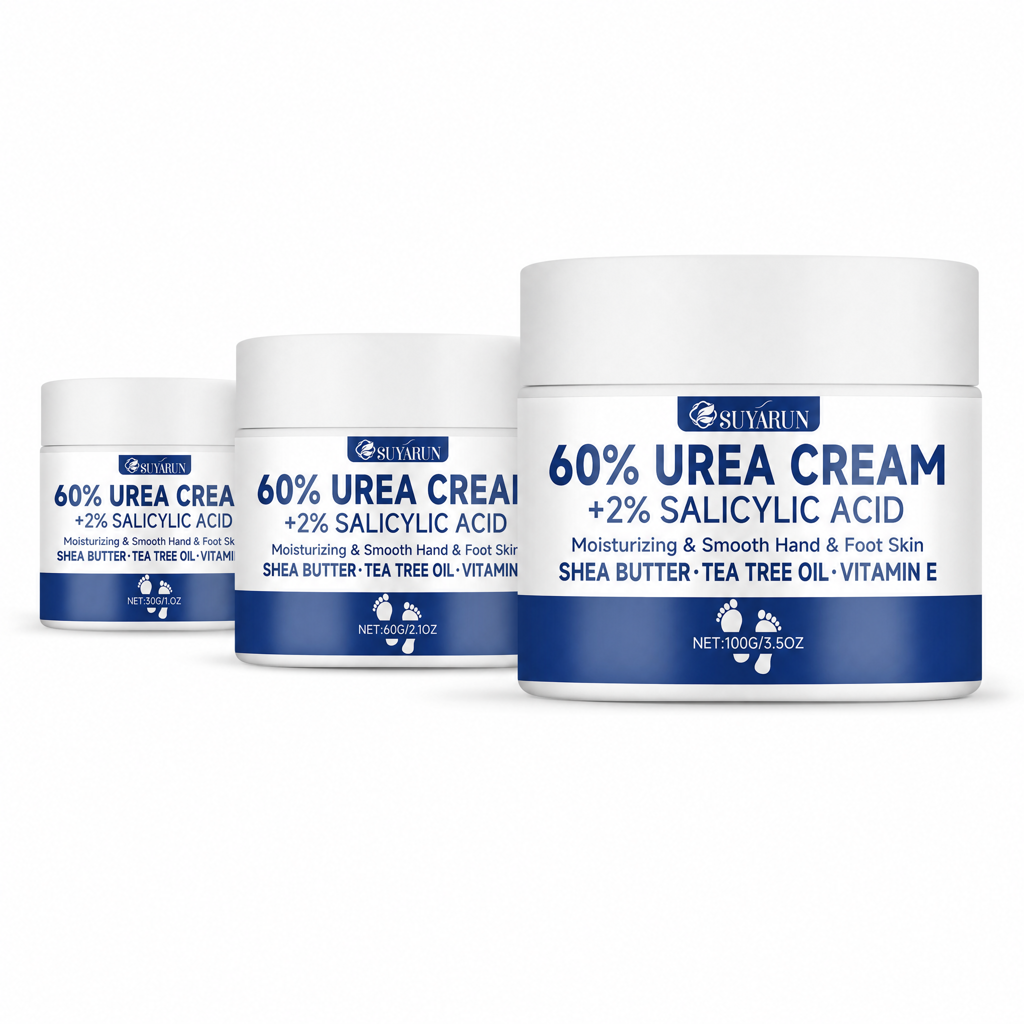 Os tres tamanhos do creme lado a lado: 30 g, 60 g e 100 g
